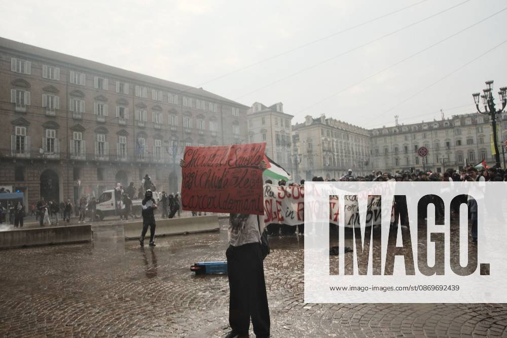 TURIN, ITALY, OCTOBER 16, 2026: Students demonstrate against deteriorating school buildings, insufficient education funding and job insecurity, calling for greater investment in education rather than military spending. Clashes break out in Piazza Castello, where police use water cannons and charge demonstrators. Earlier along the route, teachers link arms between students and police to prevent confrontation. Turin Italy - ZUMAq101 20261016_zna_q101_129