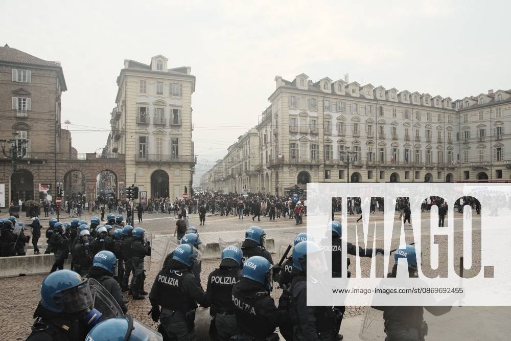 TURIN, ITALY, OCTOBER 16, 2026: Students demonstrate against deteriorating school buildings, insufficient education funding and job insecurity, calling for greater investment in education rather than military spending. Clashes break out in Piazza Castello, where police use water cannons and charge demonstrators. Earlier along the route, teachers link arms between students and police to prevent confrontation. Turin Italy - ZUMAq101 20261016_zna_q101_133