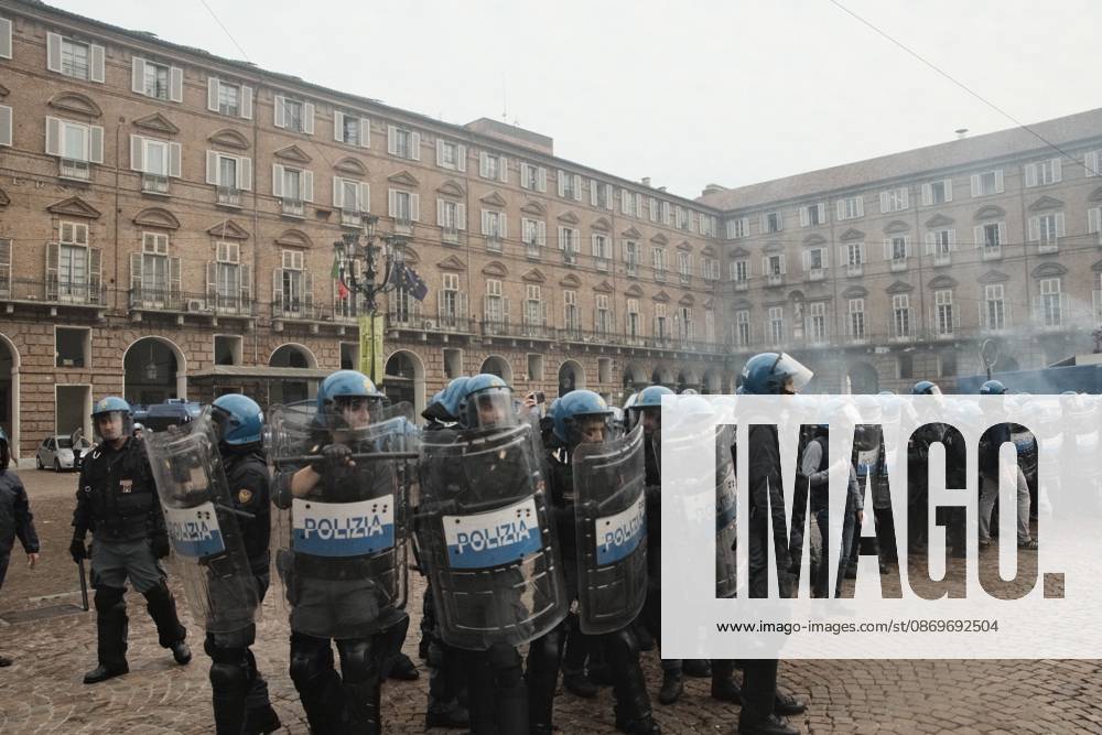 TURIN, ITALY, OCTOBER 16, 2026: Students demonstrate against deteriorating school buildings, insufficient education funding and job insecurity, calling for greater investment in education rather than military spending. Clashes break out in Piazza Castello, where police use water cannons and charge demonstrators. Earlier along the route, teachers link arms between students and police to prevent confrontation. Turin Italy - ZUMAq101 20261016_zna_q101_137