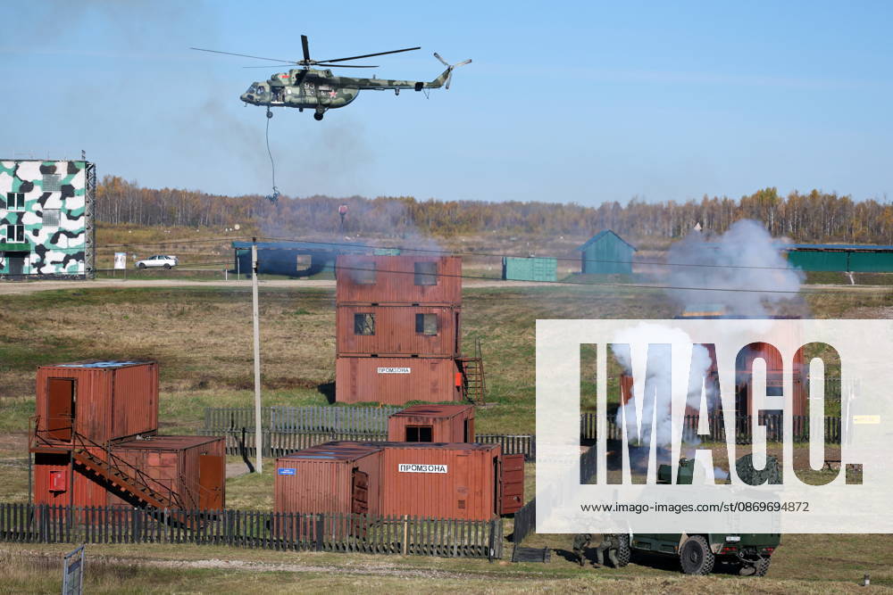 A helicopter appears in the final live training phase of the Indestructible Brotherhood 2026 command-and-staff military exercise by the CSTO Peacekeeping Forces at the Losvido military training ground. Maxim Malinovsky TASS 99408816