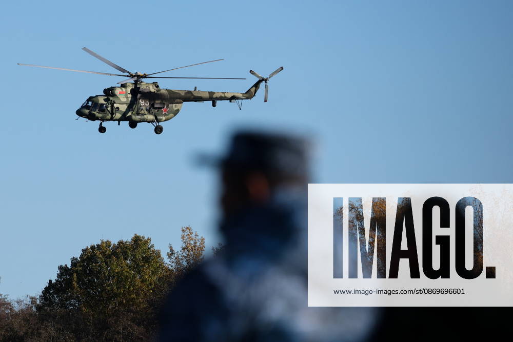 A helicopter appears in the final live training phase of the Indestructible Brotherhood 2026 command-and-staff military exercise by the CSTO Peacekeeping Forces at the Losvido military training ground Belarus - ZUMAt113 20261016_zaa_t113_221