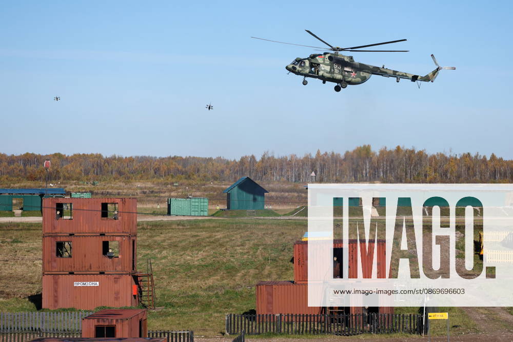 A helicopter appears in the final live training phase of the Indestructible Brotherhood 2026 command-and-staff military exercise by the CSTO Peacekeeping Forces at the Losvido military training ground Belarus - ZUMAt113 20261016_zaa_t113_222