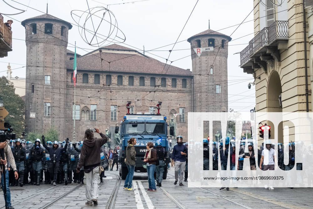 Reportage - Student strike in Turin The police cordon and police water cannon in Via Po during Student strike in Turin, Reportage in Turin, Italy, October 16 2026 Turin City of Turin Italy