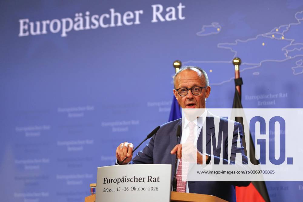 Brussels, Belgium, October 16, 2026, at the Europa Building during the EU Summit: Chancellor Friedrich Merz of the CDU at a closing press conference on Friday afternoon