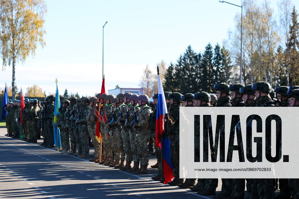 Servicemen appear with national flags in the final live training phase of the Indestructible Brotherhood 2026 command-and-staff military exercise by the CSTO Peacekeeping Forces at the Losvido military training ground Belarus - ZUMAt113 20261016_zaa_t113_291