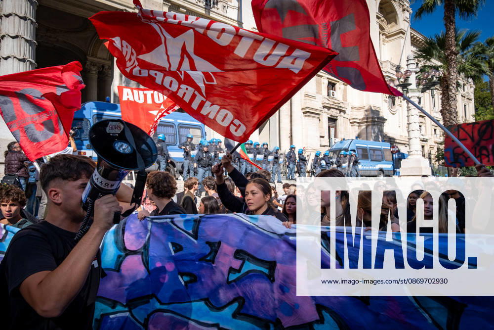 Thousands of students are taking to the streets to protest against the Meloni governmentâ€⠢s education policies. The studentsâ€⠢ demands include: No one is a foreigner; fund schools, not war; and no to the militarization of school. The march reaches the Ministry of Education. Rome Italy - ZUMAg256 20261016_znp_g256_003