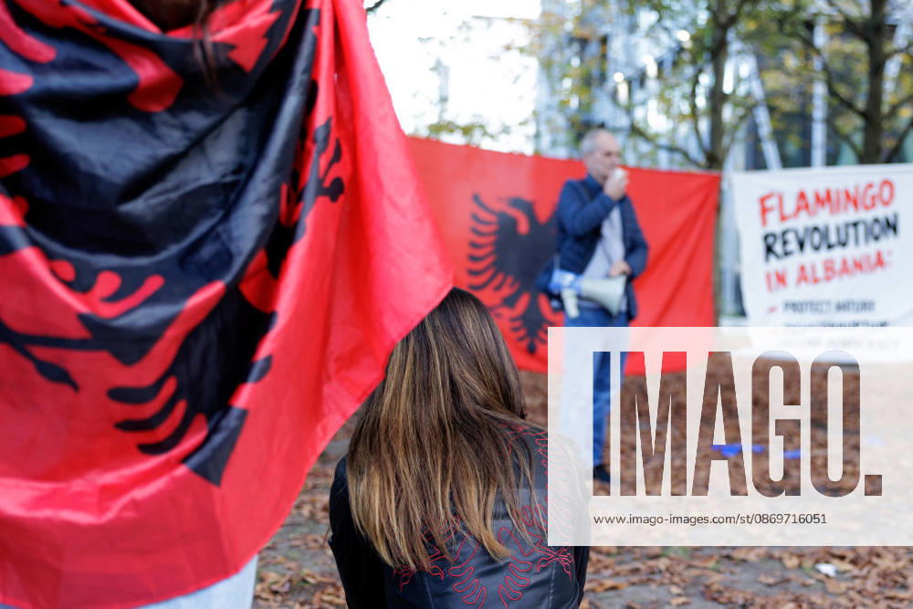 Solidarity Protest for Albania held in Berlin. A protester speaks in front of the Albanian flag as people gather opposite the Albanian embassy during a protest organized by ˜Flamingos von Berlin in Berlin, Germany, 16 October 2026. The organizers called for solidarity with students in Albania and denounced corruption, demanding the resignation of Edi Rama. Berlin