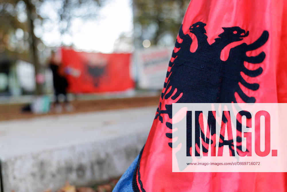 Solidarity Protest for Albania held in Berlin. A part of an Albanian dress with the Albanian eagle as people gather opposite the Albanian embassy during a protest organized by ˜Flamingos von Berlin in Berlin, Germany, 16 October 2026. The organizers called for solidarity with students in Albania and denounced corruption, demanding the resignation of Edi Rama. Berlin