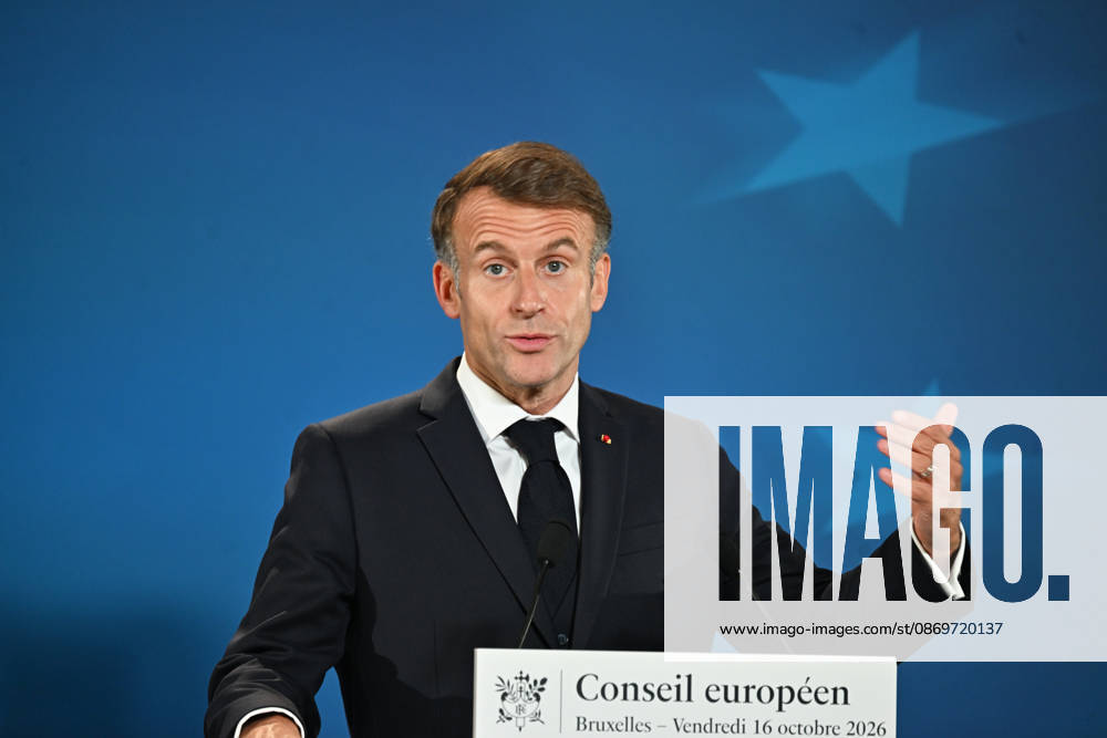 French President Macron holds press conference following EU Leaders Summit in Brussels BRUSSELS, BELGIUM - OCTOBER 16: President of France Emmanuel Macron addresses reporters during a press conference following the European Union Leaders Summit in Brussels, Belgium, on October 16, 2026. Dursun Aydemir Anadolu Brussels Belgium. Editorial use only. Please get in touch for any other usage.