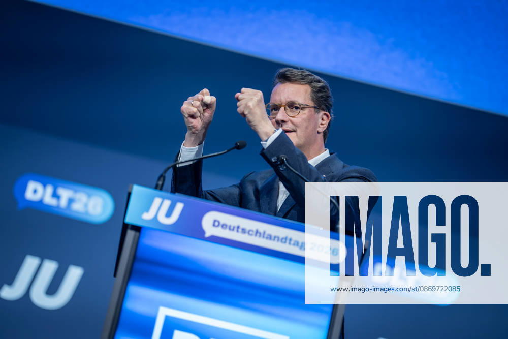 Hendrik Wüst, Minister President of North Rhine-Westphalia, delivers a speech on Stage 78 at Germany Day 2026 in Bonn; Junge Union (JU), the youth organization of the CDU and CSU, Bonn, North Rhine-Westphalia, Germany; World Conference Center Bonn