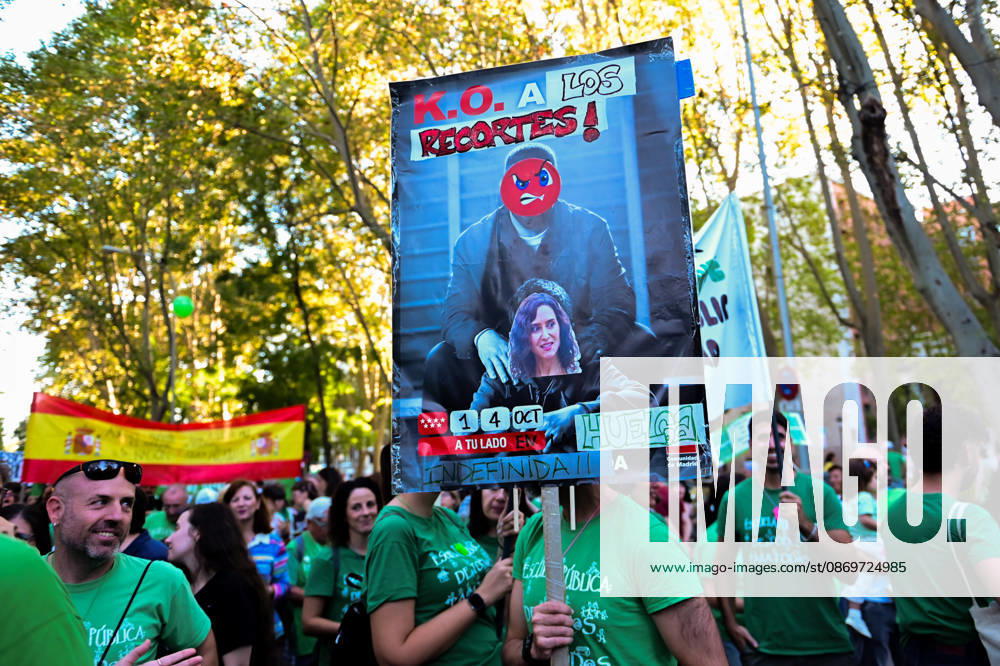 Teachers, students and members of the education community take part in a demonstration in Madrid, Spain, October 16, 2026, during an indefinite strike in the region s public education sector. Protesters are demanding higher salaries, smaller class sizes, reduced teaching hours and increased resources for public schools. The demonstration is held between Atocha and Puerta del Sol. Madrid Spain - ZUMAz108 20261016_znp_z108_016