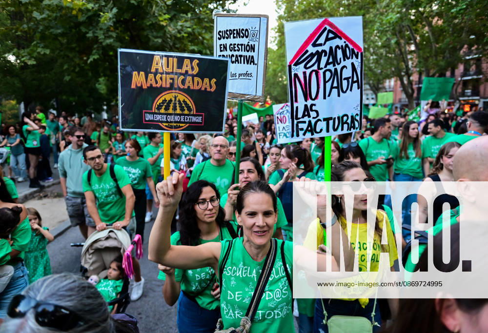 Teachers, students and members of the education community take part in a demonstration in Madrid, Spain, October 16, 2026, during an indefinite strike in the region s public education sector. Protesters are demanding higher salaries, smaller class sizes, reduced teaching hours and increased resources for public schools. The demonstration is held between Atocha and Puerta del Sol. Madrid Spain - ZUMAz108 20261016_znp_z108_008