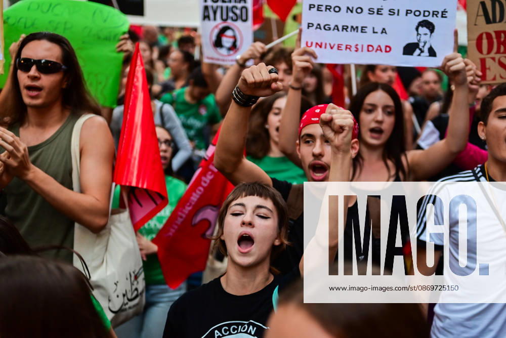 Teachers, students and members of the education community take part in a demonstration in Madrid, Spain, October 16, 2026, during an indefinite strike in the region s public education sector. Protesters are demanding higher salaries, smaller class sizes, reduced teaching hours and increased resources for public schools. The demonstration is held between Atocha and Puerta del Sol. Madrid Spain - ZUMAz108 20261016_znp_z108_014