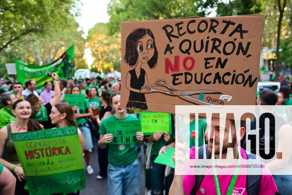 Teachers, students and members of the education community take part in a demonstration in Madrid, Spain, October 16, 2026, during an indefinite strike in the region s public education sector. Protesters are demanding higher salaries, smaller class sizes, reduced teaching hours and increased resources for public schools. The demonstration is held between Atocha and Puerta del Sol. Madrid Spain - ZUMAz108 20261016_znp_z108_025