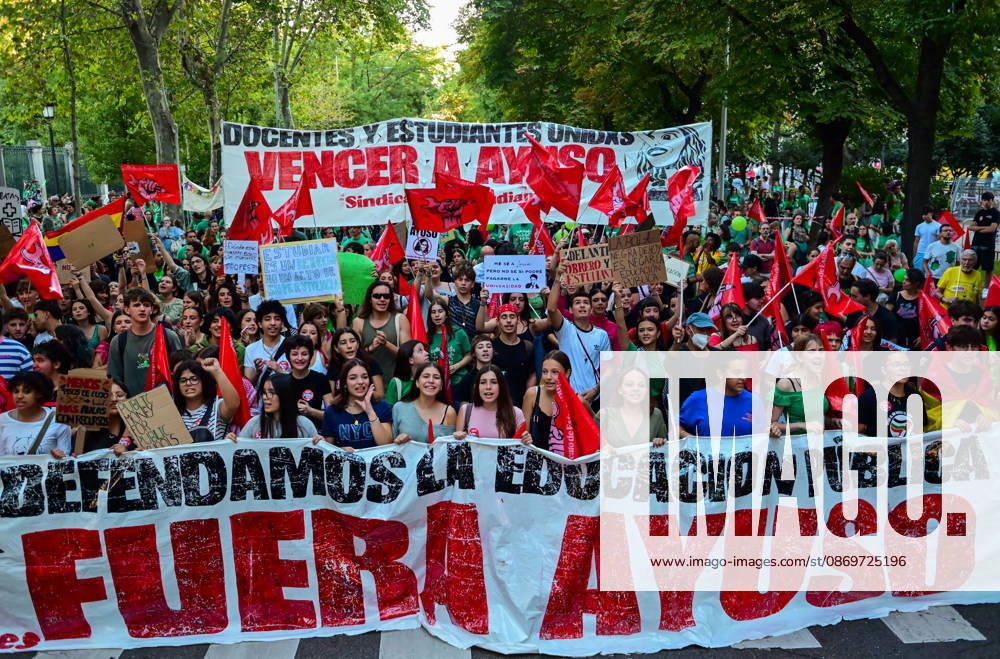 Teachers, students and members of the education community take part in a demonstration in Madrid, Spain, October 16, 2026, during an indefinite strike in the region s public education sector. Protesters are demanding higher salaries, smaller class sizes, reduced teaching hours and increased resources for public schools. The demonstration is held between Atocha and Puerta del Sol. Madrid Spain - ZUMAz108 20261016_znp_z108_017