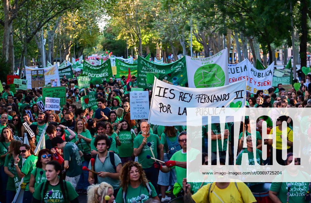 Teachers, students and members of the education community take part in a demonstration in Madrid, Spain, October 16, 2026, during an indefinite strike in the region s public education sector. Protesters are demanding higher salaries, smaller class sizes, reduced teaching hours and increased resources for public schools. The demonstration is held between Atocha and Puerta del Sol. Madrid Spain - ZUMAz108 20261016_znp_z108_020
