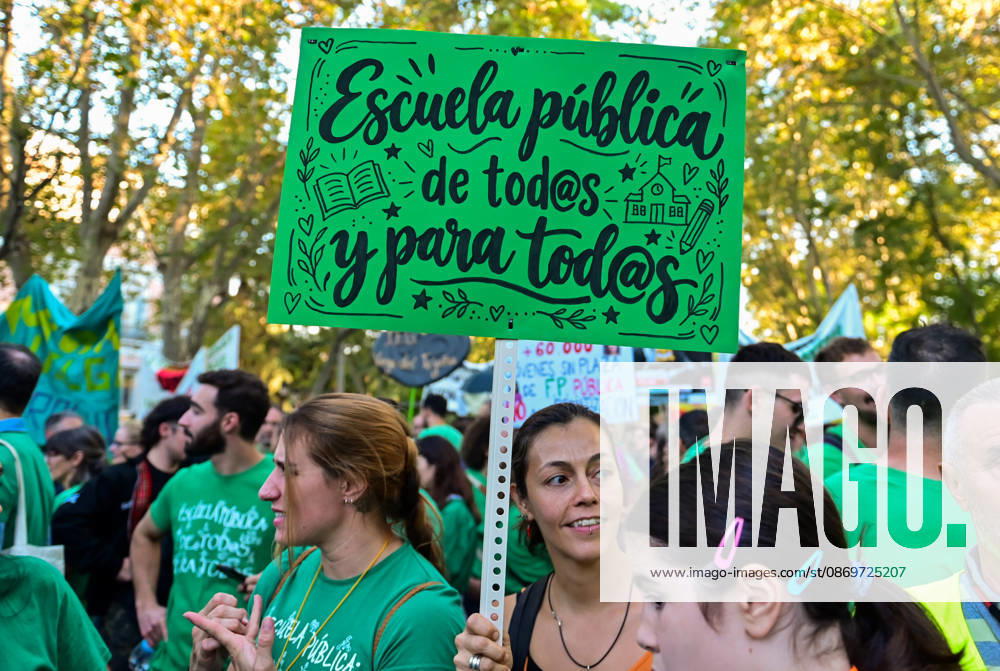 Teachers, students and members of the education community take part in a demonstration in Madrid, Spain, October 16, 2026, during an indefinite strike in the region s public education sector. Protesters are demanding higher salaries, smaller class sizes, reduced teaching hours and increased resources for public schools. The demonstration is held between Atocha and Puerta del Sol. Madrid Spain - ZUMAz108 20261016_znp_z108_031