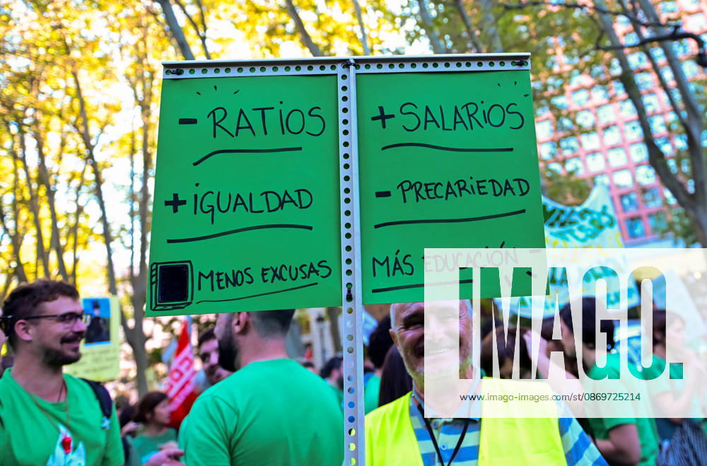 Teachers, students and members of the education community take part in a demonstration in Madrid, Spain, October 16, 2026, during an indefinite strike in the region s public education sector. Protesters are demanding higher salaries, smaller class sizes, reduced teaching hours and increased resources for public schools. The demonstration is held between Atocha and Puerta del Sol. Madrid Spain - ZUMAz108 20261016_znp_z108_023