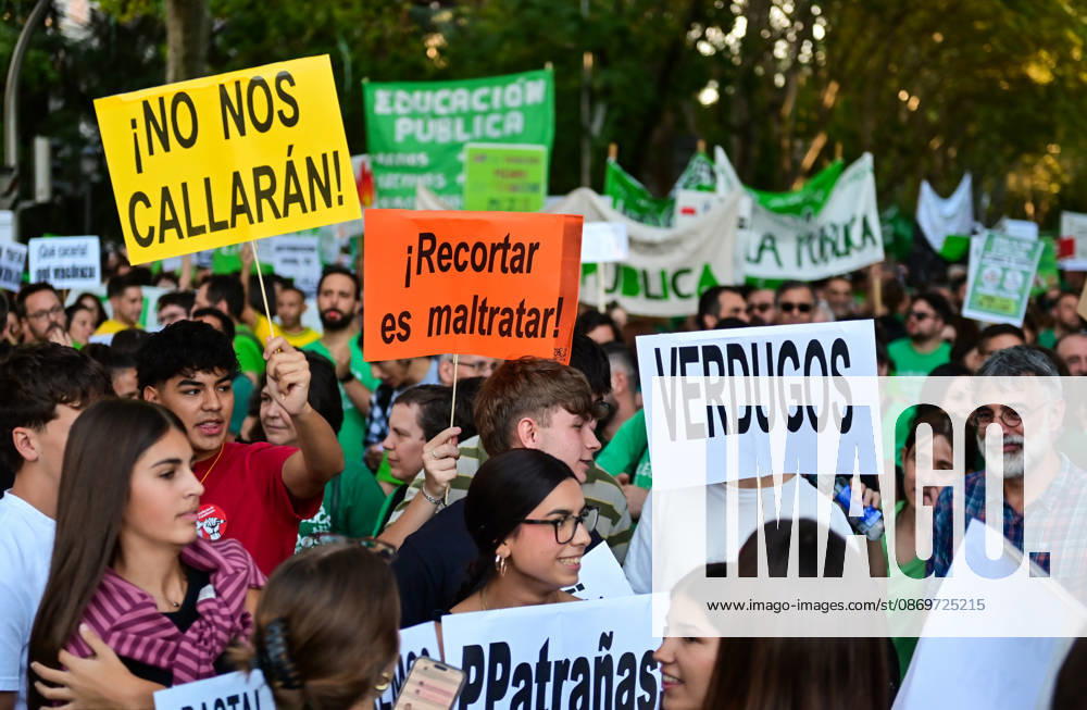 Teachers, students and members of the education community take part in a demonstration in Madrid, Spain, October 16, 2026, during an indefinite strike in the region s public education sector. Protesters are demanding higher salaries, smaller class sizes, reduced teaching hours and increased resources for public schools. The demonstration is held between Atocha and Puerta del Sol. Madrid Spain - ZUMAz108 20261016_znp_z108_035