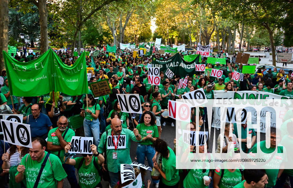 Teachers, students and members of the education community take part in a demonstration in Madrid, Spain, October 16, 2026, during an indefinite strike in the region s public education sector. Protesters are demanding higher salaries, smaller class sizes, reduced teaching hours and increased resources for public schools. The demonstration is held between Atocha and Puerta del Sol. Madrid Spain - ZUMAz108 20261016_znp_z108_038