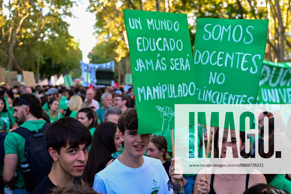 Teachers, students and members of the education community take part in a demonstration in Madrid, Spain, October 16, 2026, during an indefinite strike in the region s public education sector. Protesters are demanding higher salaries, smaller class sizes, reduced teaching hours and increased resources for public schools. The demonstration is held between Atocha and Puerta del Sol. Madrid Spain - ZUMAz108 20261016_znp_z108_027