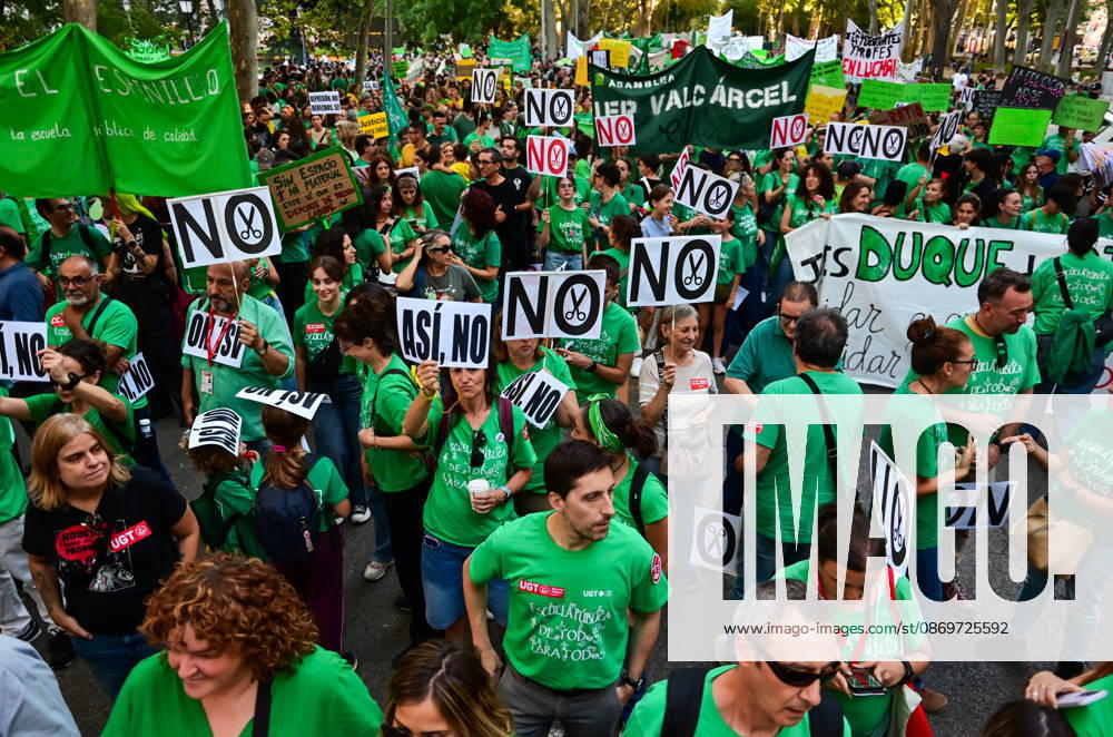 Teachers, students and members of the education community take part in a demonstration in Madrid, Spain, October 16, 2026, during an indefinite strike in the region s public education sector. Protesters are demanding higher salaries, smaller class sizes, reduced teaching hours and increased resources for public schools. The demonstration is held between Atocha and Puerta del Sol. Madrid Spain - ZUMAz108 20261016_znp_z108_039