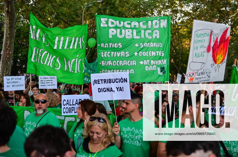 Teachers, students and members of the education community take part in a demonstration in Madrid, Spain, October 16, 2026, during an indefinite strike in the region s public education sector. Protesters are demanding higher salaries, smaller class sizes, reduced teaching hours and increased resources for public schools. The demonstration is held between Atocha and Puerta del Sol. Madrid Spain - ZUMAz108 20261016_znp_z108_032