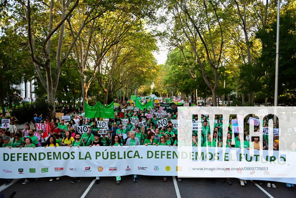 Teachers, students and members of the education community take part in a demonstration in Madrid, Spain, October 16, 2026, during an indefinite strike in the region s public education sector. Protesters are demanding higher salaries, smaller class sizes, reduced teaching hours and increased resources for public schools. The demonstration is held between Atocha and Puerta del Sol. Madrid Spain - ZUMAz108 20261016_znp_z108_036