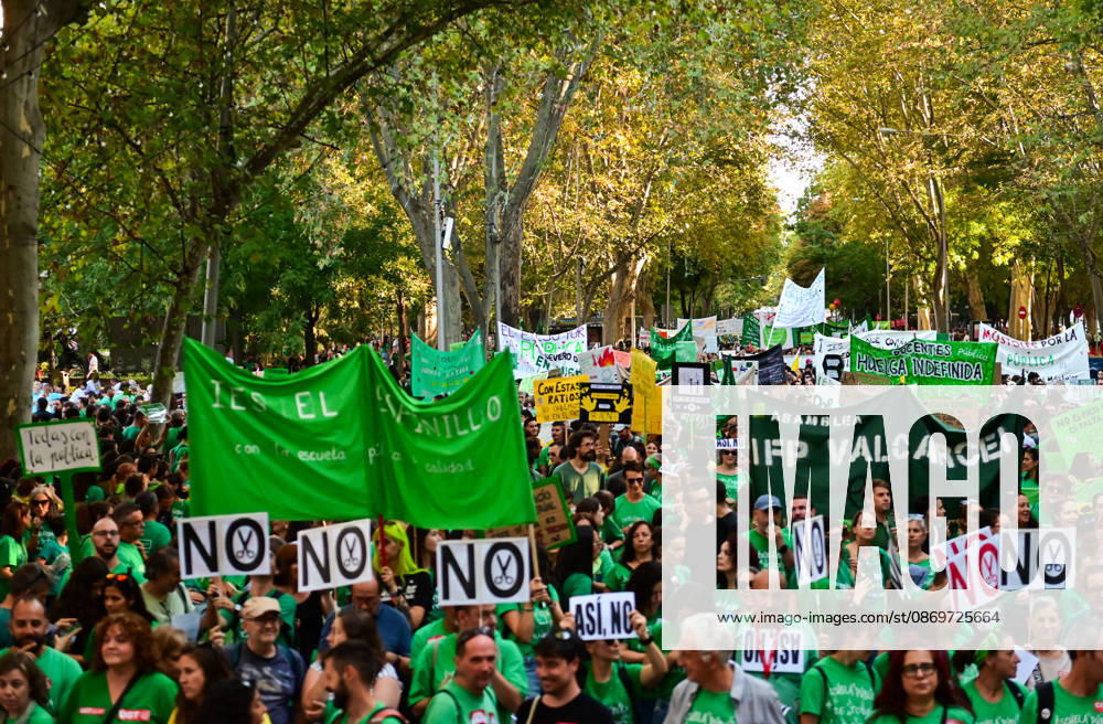 Teachers, students and members of the education community take part in a demonstration in Madrid, Spain, October 16, 2026, during an indefinite strike in the region s public education sector. Protesters are demanding higher salaries, smaller class sizes, reduced teaching hours and increased resources for public schools. The demonstration is held between Atocha and Puerta del Sol. Madrid Spain - ZUMAz108 20261016_znp_z108_040