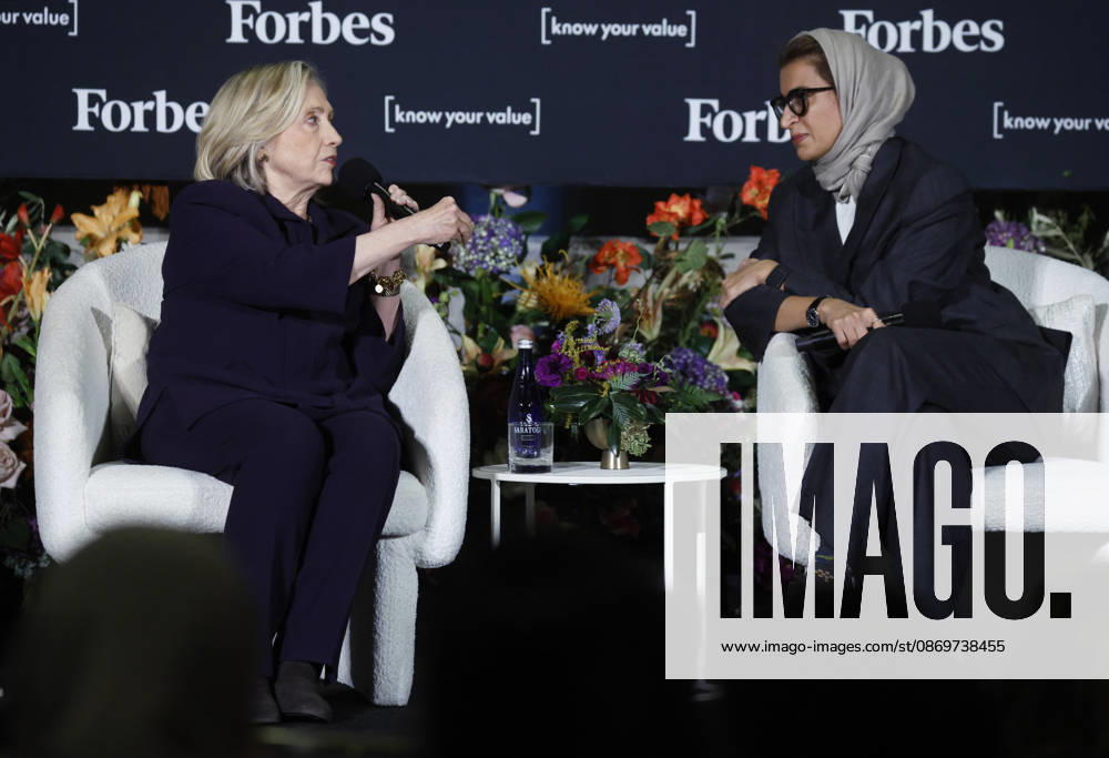 67th United States Secretary of State Hillary Rodham Clinton and Minister of State at the Ministry of Foreign Affairs of the United Arab Emirates Noura Al Kaabi speak at the Forbes 30 50 5-Year Anniversary Summit at The Mandarin Oriental on Friday, October 16, 2026 in New York City. NYP20261016162 JOHNxANGELILLO