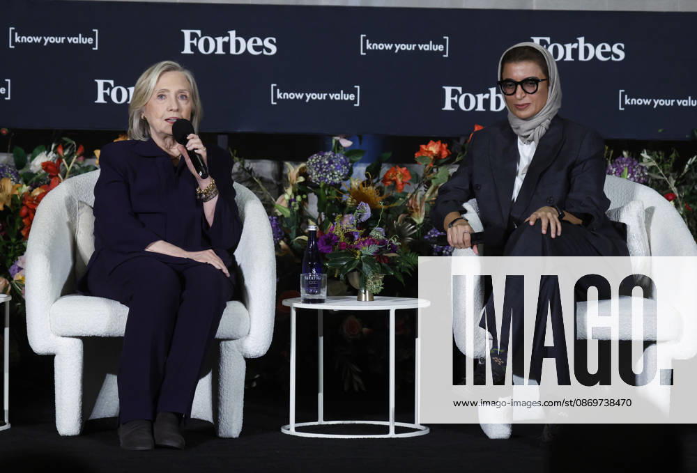67th United States Secretary of State Hillary Rodham Clinton and Minister of State at the Ministry of Foreign Affairs of the United Arab Emirates Noura Al Kaabi speak at the Forbes 30 50 5-Year Anniversary Summit at The Mandarin Oriental on Friday, October 16, 2026 in New York City. NYP20261016170 JOHNxANGELILLO
