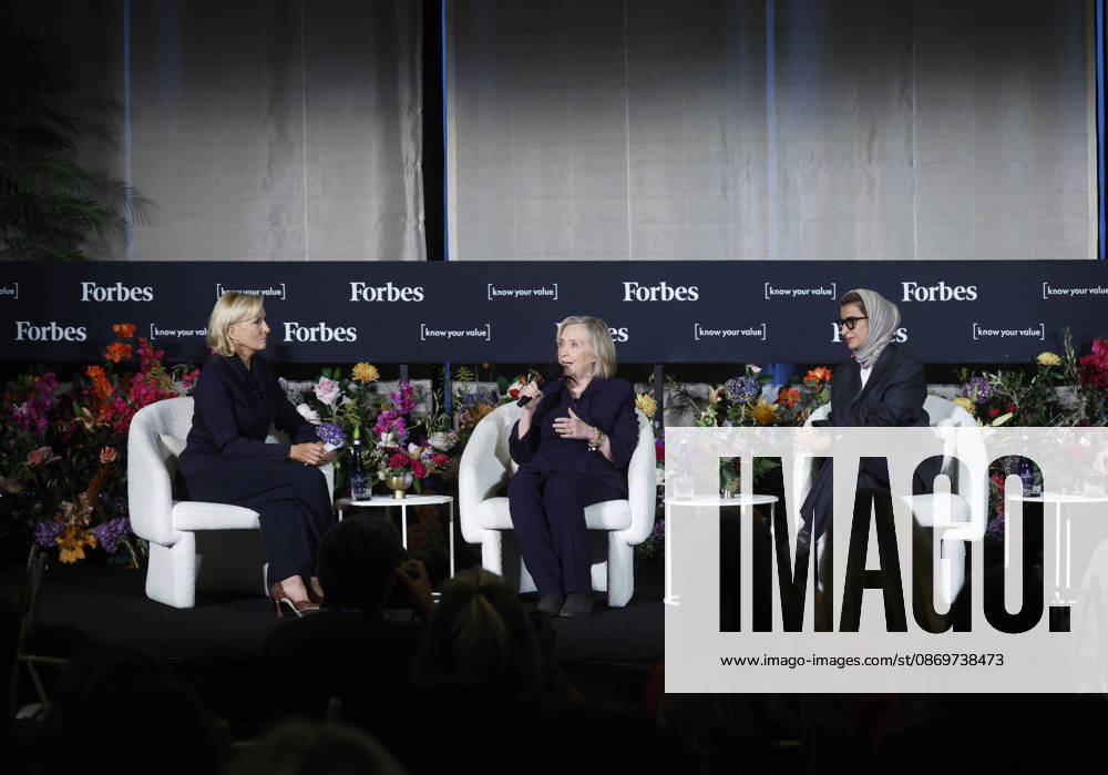67th United States Secretary of State Hillary Rodham Clinton and Minister of State at the Ministry of Foreign Affairs of the United Arab Emirates Noura Al Kaabi speak at the Forbes 30 50 5-Year Anniversary Summit at The Mandarin Oriental on Friday, October 16, 2026 in New York City. NYP20261016171 JOHNxANGELILLO