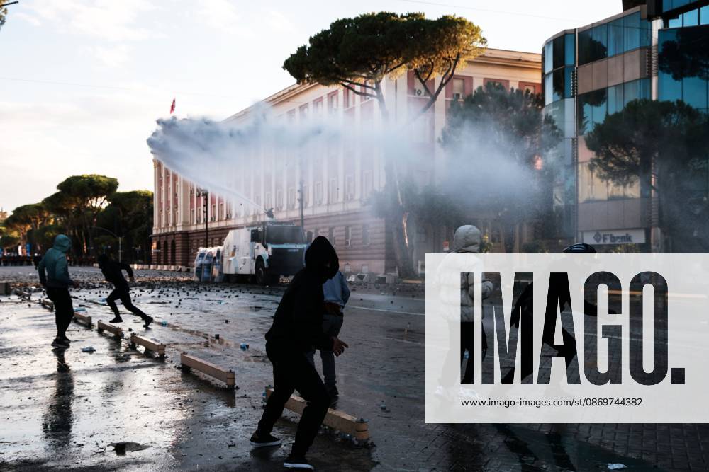 TIRANA, ALBANIA, OCTOBER 16, 2026: Student-led anti-government demonstrations continue for a fourth consecutive day in Tirana, demanding improved education conditions and the resignation of Prime Minister Edi Rama. Protesters clash with riot police as officers deploy tear gas to disperse crowds. The demonstrations follow several days of unrest that have damaged public buildings and businesses. Tirana Albania - ZUMAq101 20261016_zna_q101_467