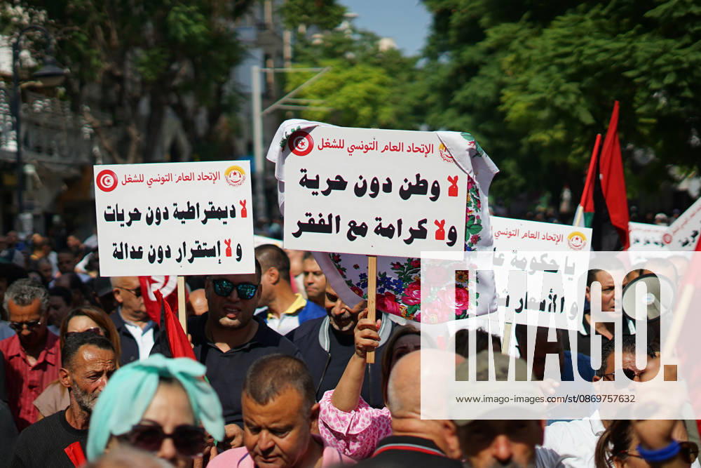 Demonstrators take to the streets of Tunis during a march calling for social and economic reforms and the protection of civil liberties, amid public concerns over rising living costs, workers rights and freedom of expression on October 17, 2026. Organized by trade unions, journalists representatives, lawyers and civil society groups, the demonstration brings together protesters demanding accountability and defending fundamental rights. The march highlights ongoing concerns over Tunisias economic situation and the space for public dissent. Tunis Tunisia - ZUMAm342 20261017_zsp_m342_024