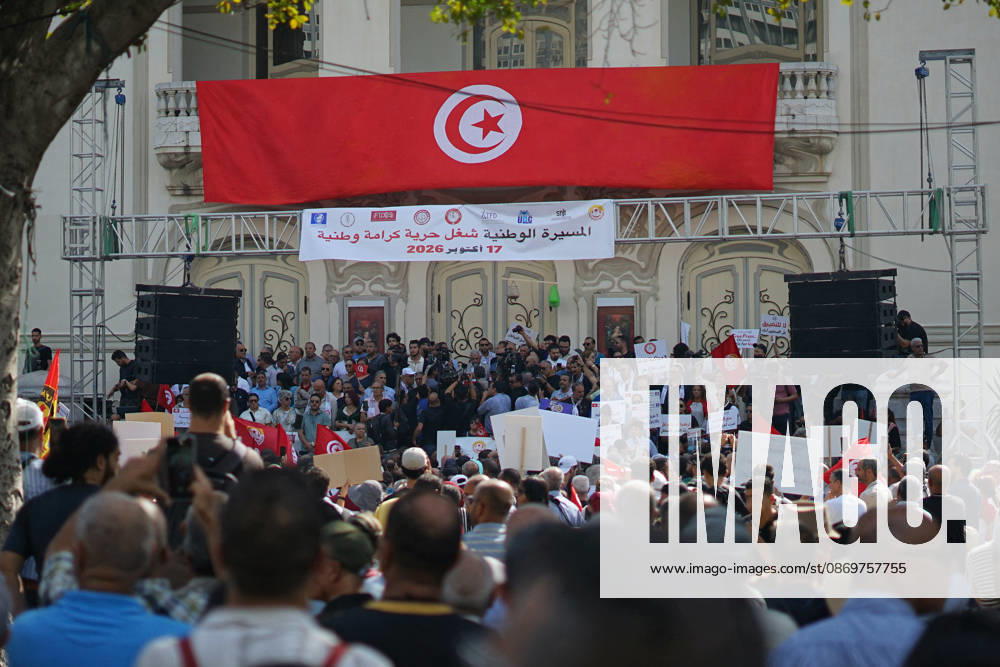 Demonstrators take to the streets of Tunis during a march calling for social and economic reforms and the protection of civil liberties, amid public concerns over rising living costs, workers rights and freedom of expression on October 17, 2026. Organized by trade unions, journalists representatives, lawyers and civil society groups, the demonstration brings together protesters demanding accountability and defending fundamental rights. The march highlights ongoing concerns over Tunisias economic situation and the space for public dissent. Tunis Tunisia - ZUMAm342 20261017_zsp_m342_047