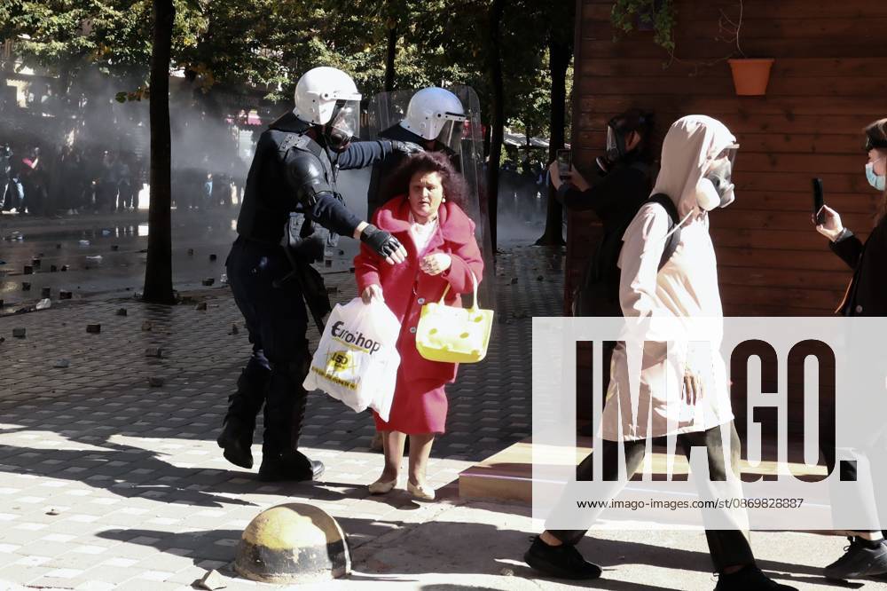 Tirana Clashes Enter Fifth Day TIRANA, ALBANIA, OCTOBER 17, 2026: Demonstrators clash with riot police outside the Ministry of Education during student-led anti-government protests in Tirana. Police deploy tear gas as protesters throw stones during a fifth consecutive day of unrest. Demonstrators demand improved university conditions and the resignation of Prime Minister Edi Rama. Tirana Albania