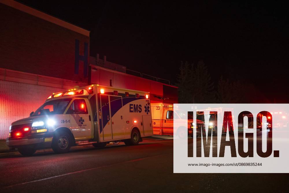 Emergency crews and military personnel at the Wainwright Health Centre as injured military members are treated after a fire at CFB Wainwright, outside of Wainwright, Alta., on Saturday, Oct. 17, 2026. Wainwright Canada - ZUMAc35_ 20261017_zaf_c35_159