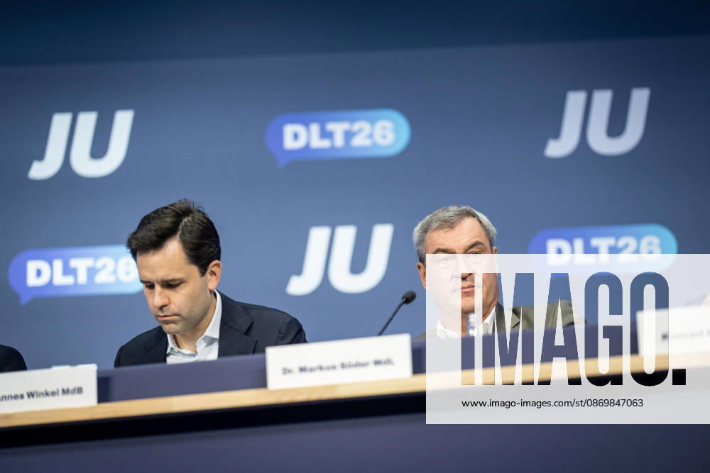 Markus Söder, Minister President of Bavaria, as a guest at Germany Day 2026 with Johannes Winkel, Federal Chairman of the JU (pictured left) 78 Germany Day 2026 in Bonn Junge Union (JU), the youth organization of the CDU and CSU, Bonn, North Rhine-Westphalia, Germany World Conference Center Bonn