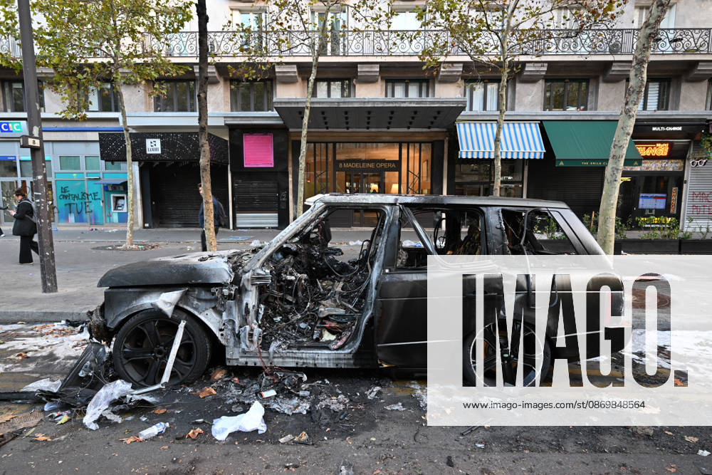 Aftermath of clashes during nationwide protests in Paris PARIS, FRANCE - OCTOBER 18: A burnt-out vehicle is seen following clashes during nationwide protests against the high cost of living and rising fuel prices in Paris, France on October 18, 2026. Mustafa Yalcin Anadolu Paris France. Editorial use only. Please get in touch for any other usage.