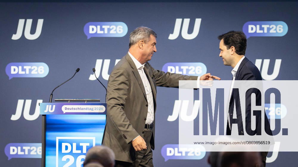 Markus Söder, Minister President of Bavaria, as a guest at Germany Day 2026 with Johannes Winkel, Federal Chairman of the JU (pictured left) 78 Germany Day 2026 in Bonn Junge Union (JU), the youth organization of the CDU and CSU, Bonn, North Rhine-Westphalia, Germany World Conference Center Bonn