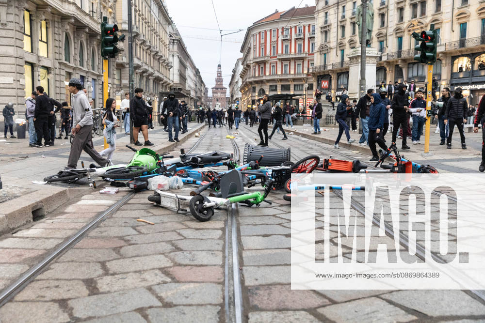 IPA89867457 - Milan, October 18, 2026: More Clashes and Looting in Downtown Milan the Day After the Protest; Pictured: Piazza Cordusio