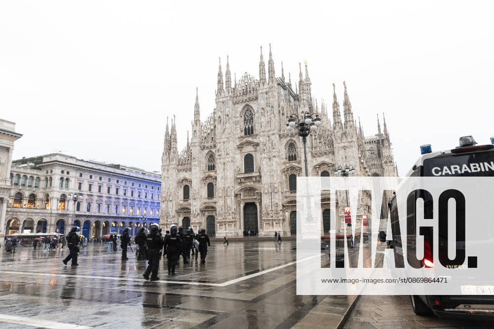 IPA89867421 - Milan, October 18, 2026: More Clashes and Looting in Downtown Milan the Day After the Protest; Pictured: Piazza Duomo