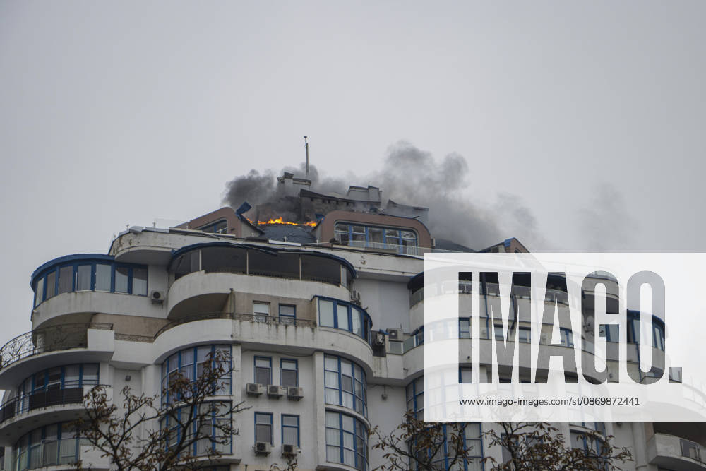 Odesa Ukraine Residential Fire A fire burns on the roof of a residential building in Odesa, Ukraine on October 18, 2026. Emergency services responded after a fire broke out at the building, prompting a rescue operation and deployment of firefighters to the scene. Odesa Odesa Ukraine