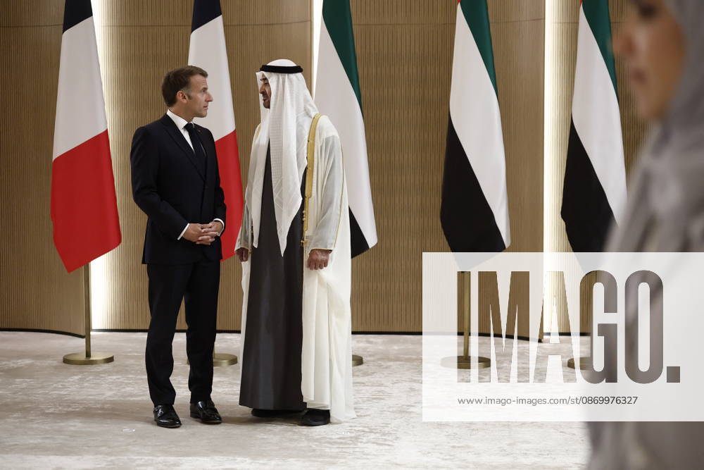 President Macron Visit To Middle East - Abu Dhabi Sheikh Mohamed bin Zayed Al Nahyan, President of the United Arab Emirates (UAE), welcomes French President Emmanuel Macron upon his arrival at Zayed International Airport in Abu Dhabi, United Arab Emirates, October 19, 2026. Photo by Benoit Tessier Pool ABACAPRESS.COM Abu Dhabi United Arab Emirates
