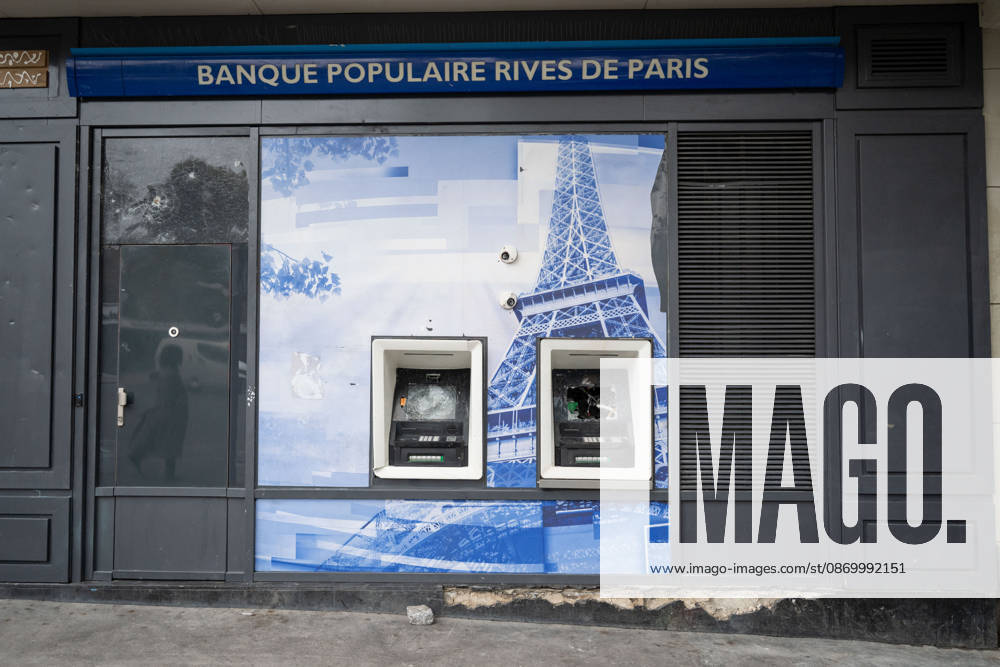 Shops Looted After the October 17th Demonstration - Paris AJ This photo shows destroyed ATMs ATM belonging to Banque Populaire on October 19, 2026 two days after riots and looting occurred (pillage) on the sidelines of nationwide cost-of-living demonstrations. Photo by Alexis Jumeau ABACAPRESS.COM Paris France