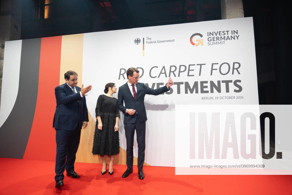Nathanael Liminski, NRW; Katherina Reiche, Federal Minister for Economic Affairs and Energy; and Hendrik Wüst, Minister-President of North Rhine-Westphalia (NRW), on the red carpet (from left) at the Invest in Germany Summit 2026 Red Carpet for Investments event at Kraftwerk Berlin, Berlin, Germany; Kraftwerk Berlin event venue