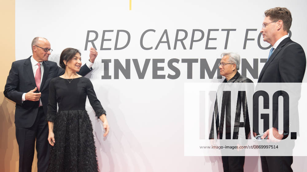 Friedrich Merz, Federal Chancellor; Katherina Reiche, Federal Minister for Economic Affairs and Energy; Jensen Huang, CEO of Nvidia Corporation; Ola Källenius, CEO of Mercedes-Benz Group AG (from left) on the red carpet at the Invest in Germany Summit 2026 Red Carpet for Investments event at Kraftwerk Berlin, Berlin, Berlin, Germany; Kraftwerk, event venue