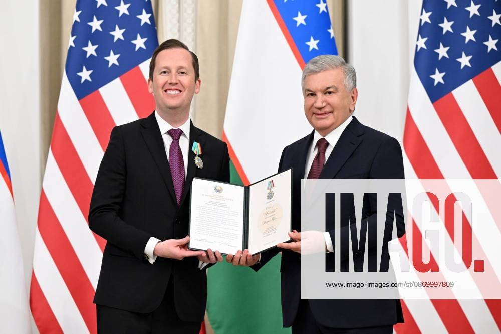 US Secretary of State Marco Rubio in Uzbekistan SAMARKAND, UZBEKISTAN - OCTOBER 19 : (---- - MANDATORY CREDIT - UZBEKISTAN PRESIDENCY HANDOUT - NO MARKETING NO ADVERTISING CAMPAIGNS - DISTRIBUTED AS A SERVICE TO CLIENTS----) Uzbek President Shavkat Mirziyoyev (R) presents the Order of Friendship ( Dostlik ) to US Special Representative for South and Central Asia Sergio Gor (L) who arrived to attend the C5+1 Central Asia-US Foreign Ministers Meeting and the second meeting of the Uzbekistan-US Business and Investment Council in Samarkand, Uzbekistan on October 19, 2026. Uzbekistan Presidency Anadolu Samarkand Uzbekistan. Editorial use only. Please get in touch for any other usage.