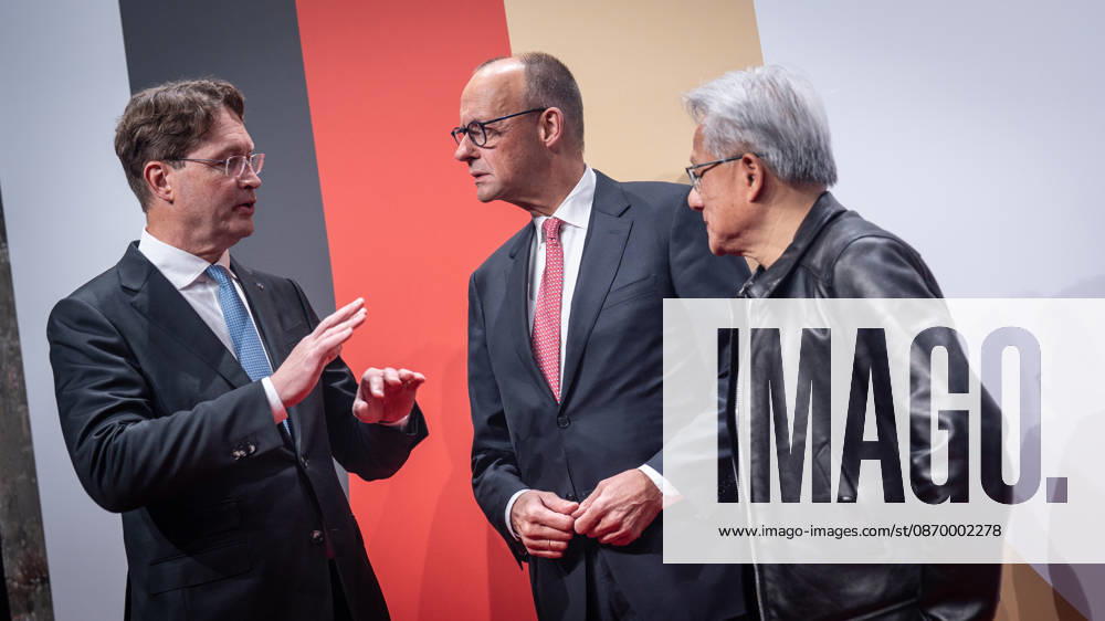 Ola Källenius, CEO of Mercedes-Benz Group AG; Friedrich Merz, Federal Chancellor; and Jensen Huang, CEO of Nvidia Corporation (from left) on the red carpet at the Invest in Germany Summit 2026 Red Carpet for Investments event at Kraftwerk Berlin, Berlin, Germany; Kraftwerk Berlin event venue