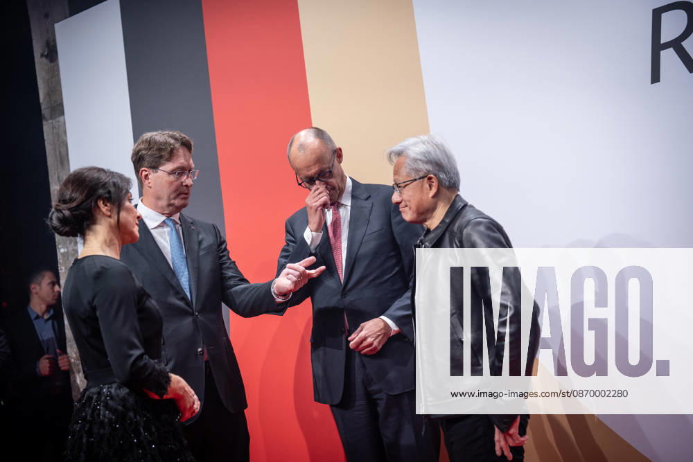 Katherina Reiche, Federal Minister for Economic Affairs and Energy; Ola Källenius, CEO of Mercedes-Benz Group AG; Friedrich Merz, Federal Chancellor; and Jensen Huang, CEO of Nvidia Corporation (from left) on the red carpet at the Invest in Germany Summit 2026 Red Carpet for Investments event at Kraftwerk Berlin, Berlin, Berlin, Germany; Kraftwerk, event venue